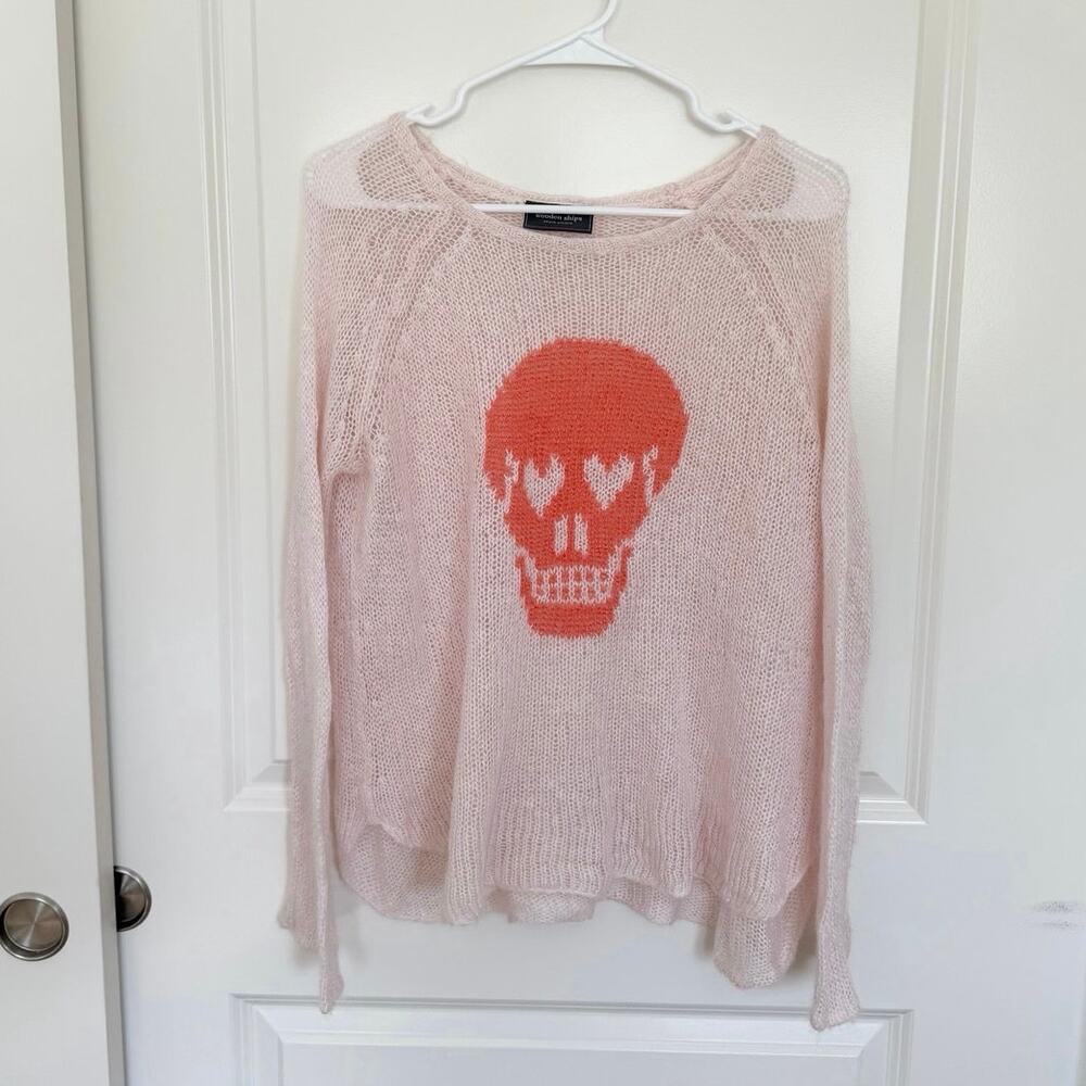 Wooden Ships Mohair Wool Blend Loose Knit Skull Sweater Pink XS